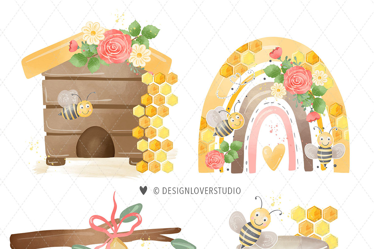 Watercolor Honey Bee Clipart, an Animal Illustration by designloverstudio (Photo 2 of 2)