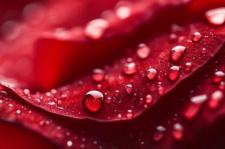 Deep Red Rose Petals with Water Droplets in Macro View