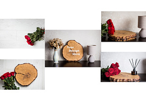 Mockup round wooden sign with flower, a Holiday Photo by VetalStock