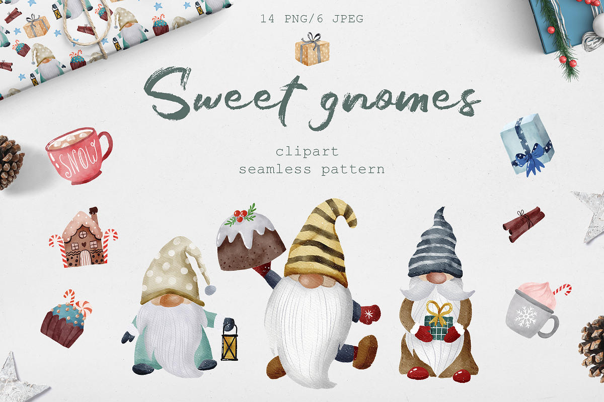 Sweet Christmas gnomes & pattern, an Illustration by SleptArt (Photo 1 of 6)