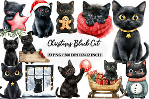 Christmas Black Cat Clipart Bundle, an Illustration by Daily.Designs