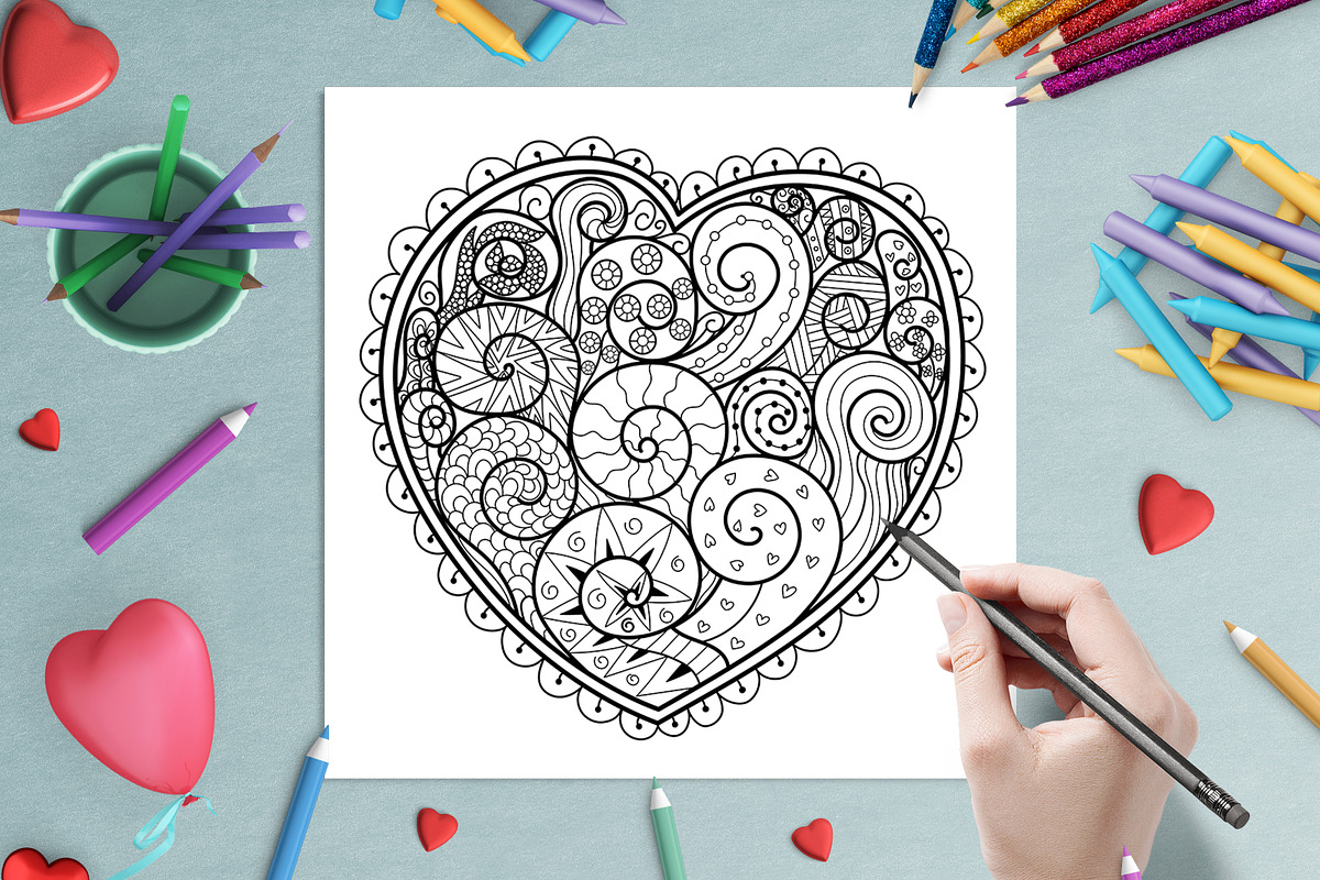 Heart Mandalas Coloring Pages, a Decorative Illustration by Gulnara Sabirova (Photo 12 of 18)