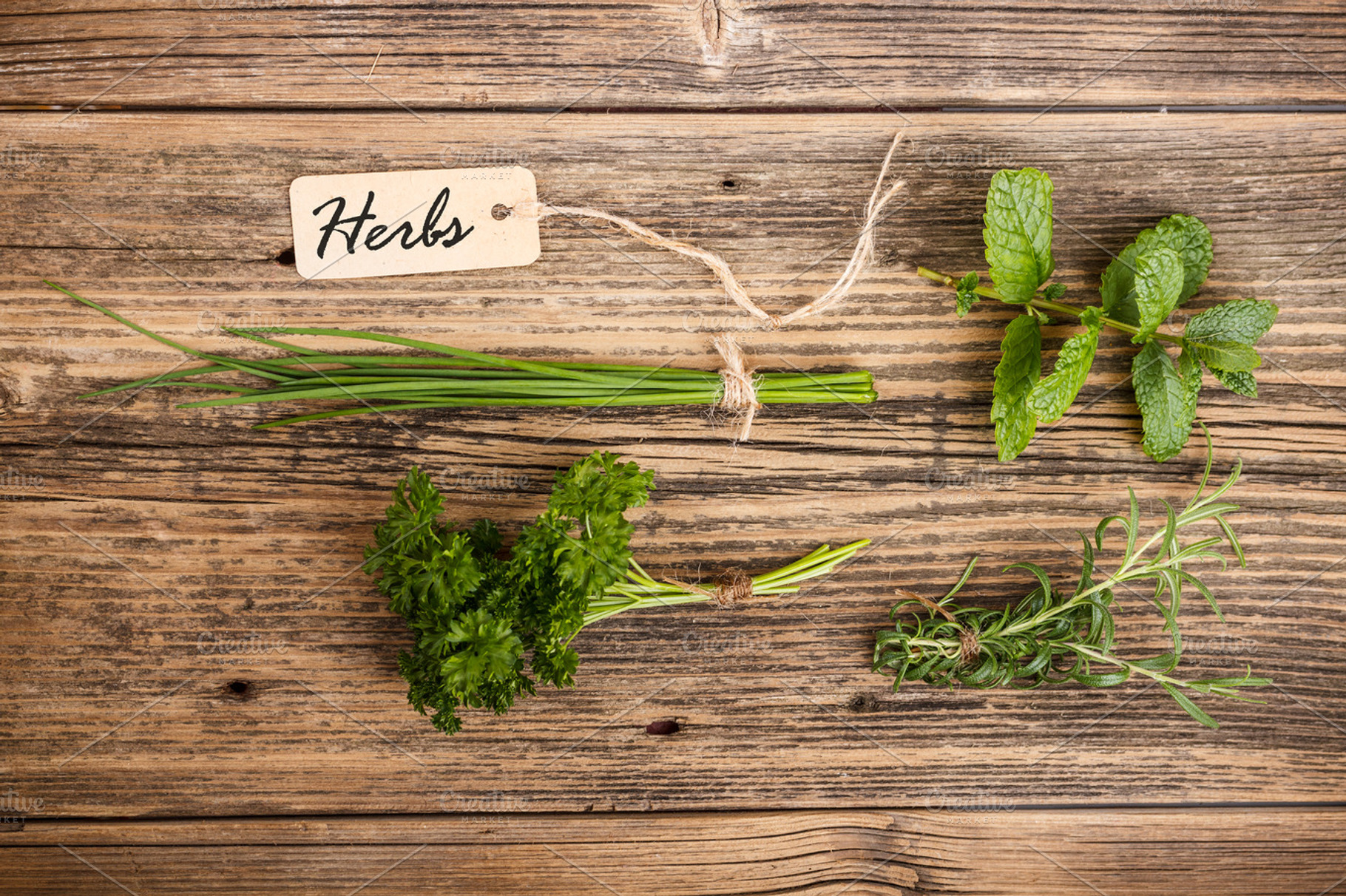 Green herbs featuring tag, label, and herb