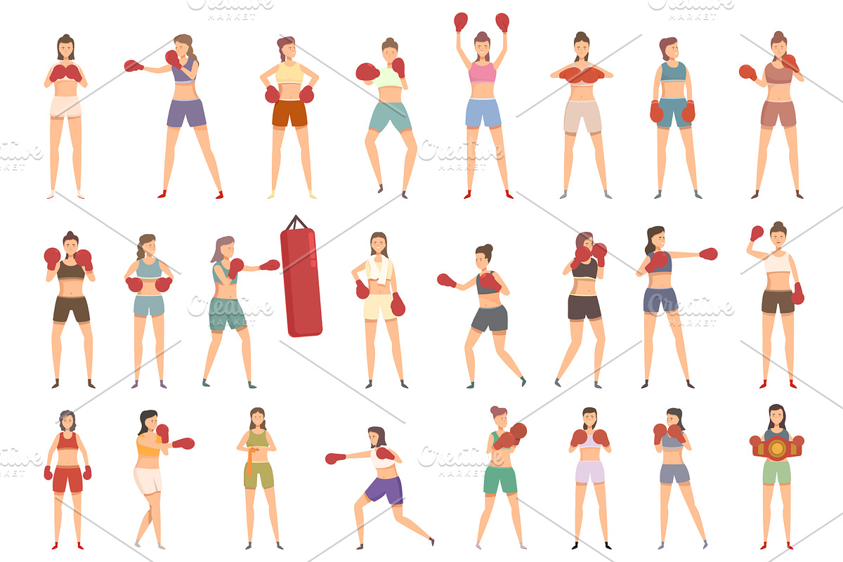 Boxer woman icons set cartoon vector, a Sport Illustration by Ylivdesign