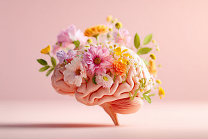 Human brain flourishing with flowers in a tranquil setting, a Nature Photo by AlyaAnd