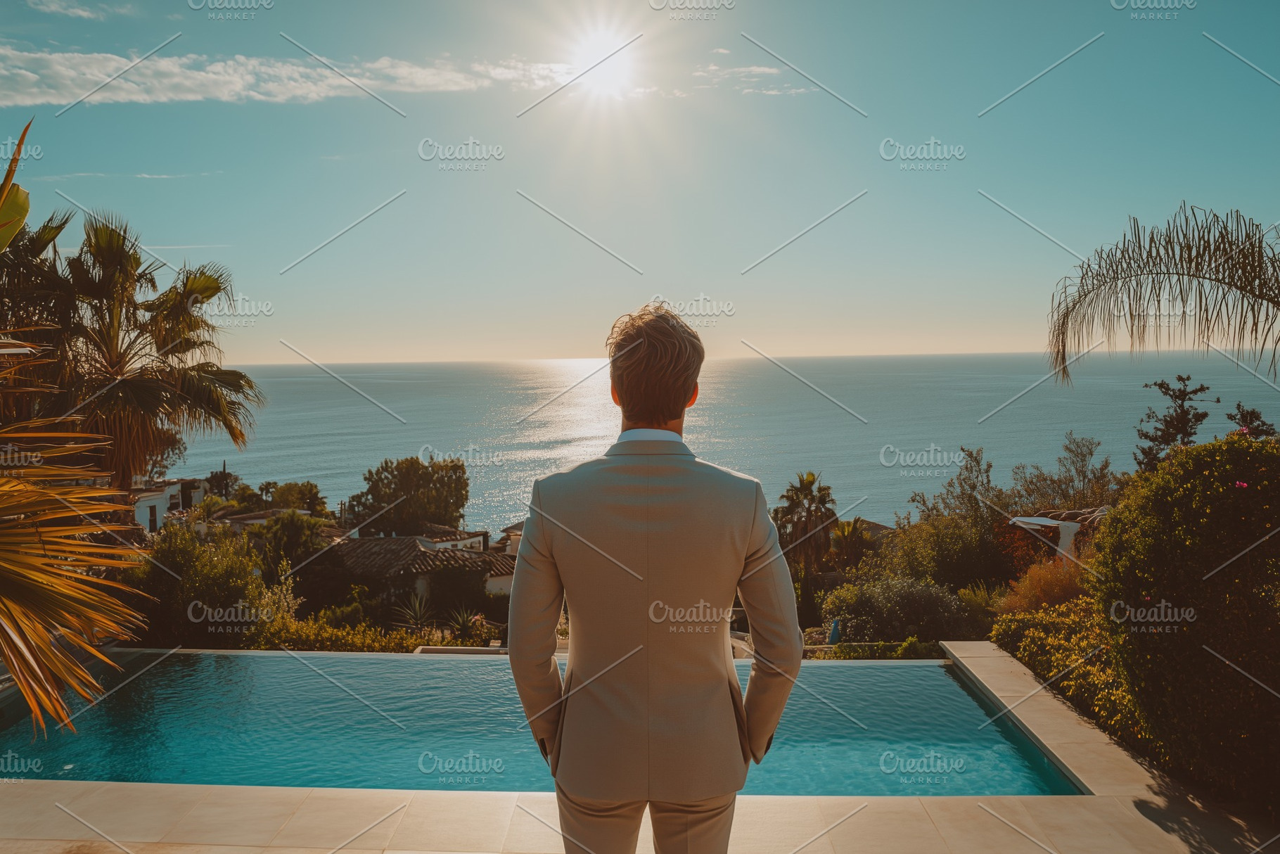 A realtor man in a light suit stands by a luxurious pool, gazing at the sunset, a Person Photo by Textures & Backgrounds