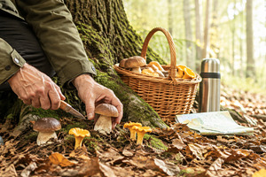 Wild mushroom picking in autumn fore, a Photo by Dvoevnore photos