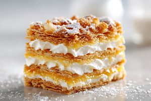 Stacked cream-filled flaky pastries, a Food & Drink Photo by AlyaAnd