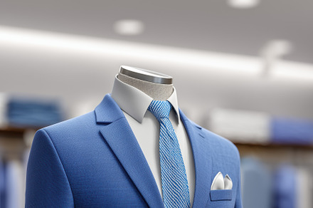 A stylish blue suit mockup on a mannequin in a modern clothing store. The suit, a Hoody Mockup by Textures & Backgrounds