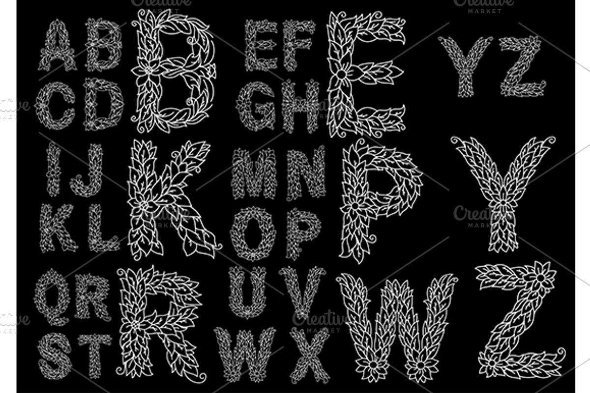 Floral alphabet with airy contoured
