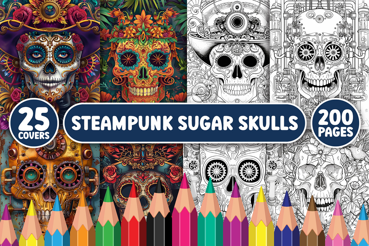 Steampunk Sugar Skulls Coloring Page, an Illustration by BrightMart (Photo 1 of 3)