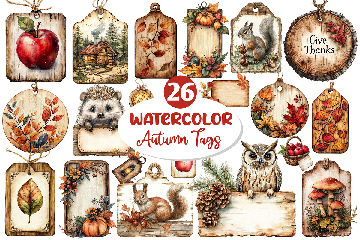 Vintage Wooden Autumn Tags Clipart, an Illustration by Dream Creation (Photo 1 of 6)