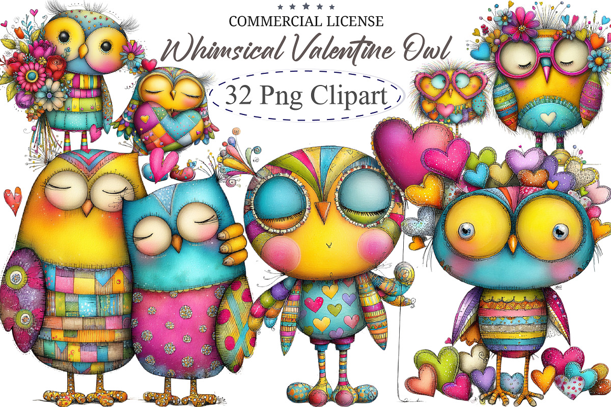 Whimsical Valentine Owl Clipart, an Illustration by designcity5 (Photo 1 of 5)