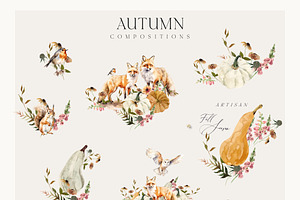 AUTUMN Watercolor Flowers & Animals