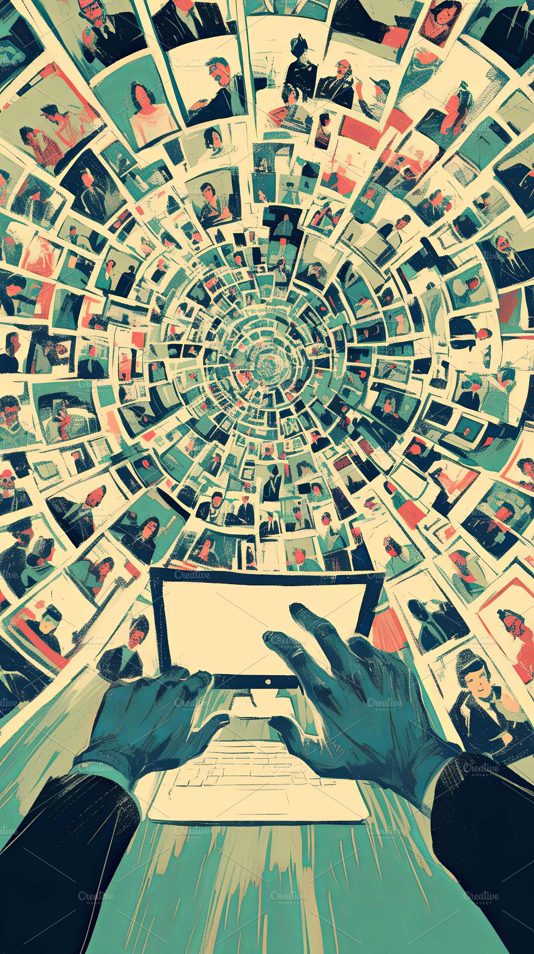 Digital communication concept with hands typing and a vortex of people images, a Photo by AS photostudio