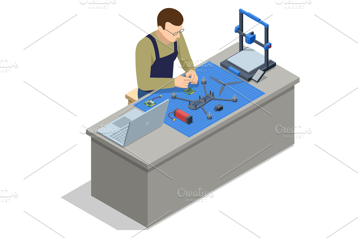 Isometric technician assembling a, a Technology Illustration by Golden Sikorka