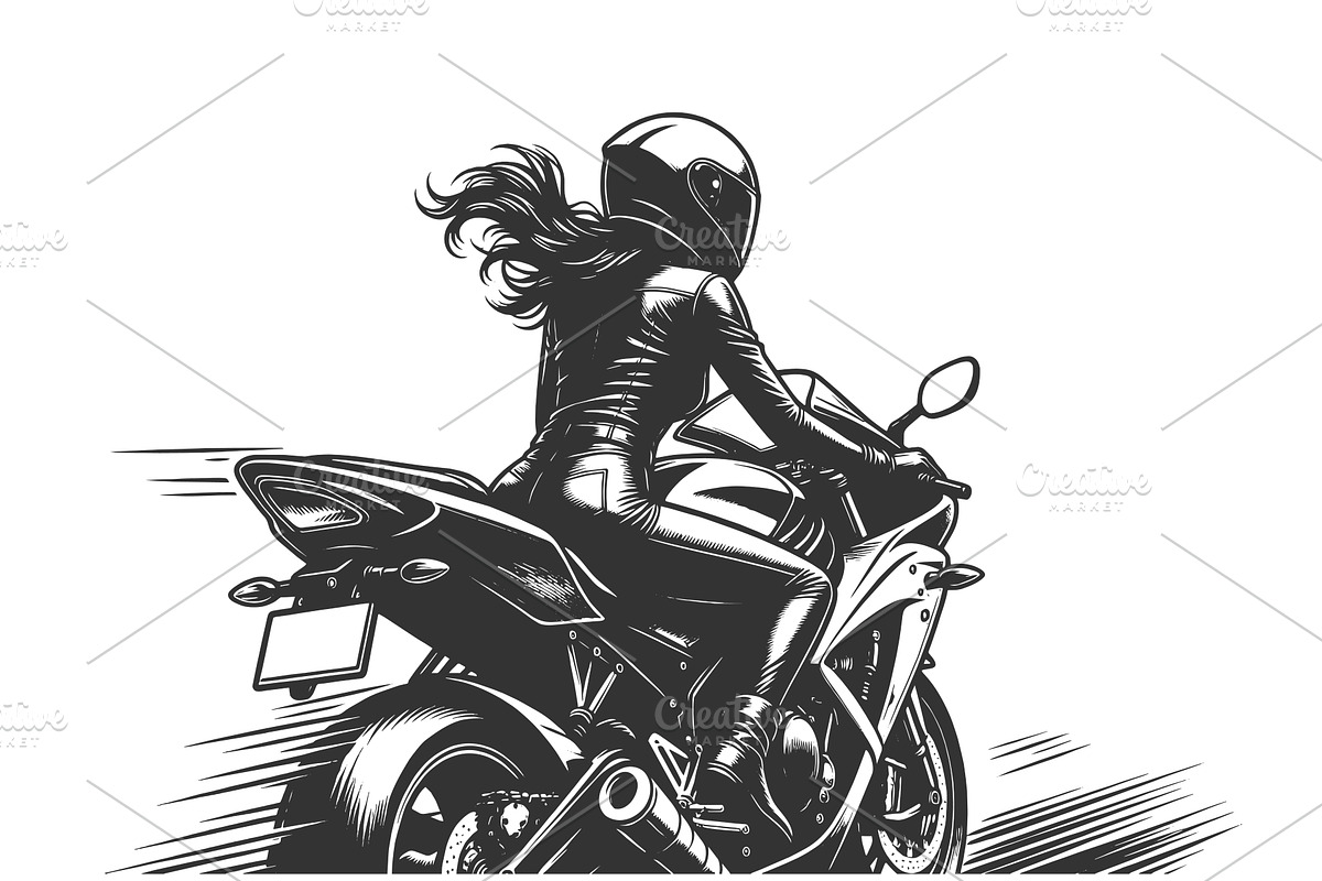 Female Biker Riding Sport Motorcycle, a Transportation Illustration by AlexArt