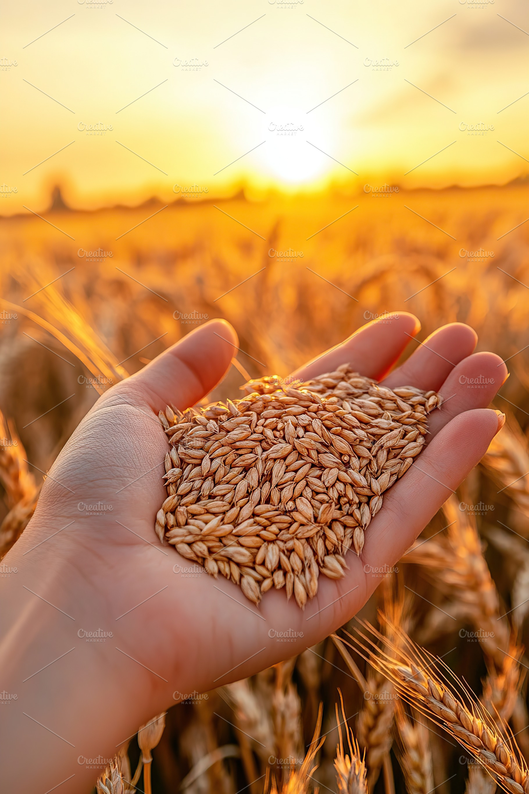 Grains held in hand against a vibrant sunset in a golden field, a Food & Drink Photo by AlyaAnd
