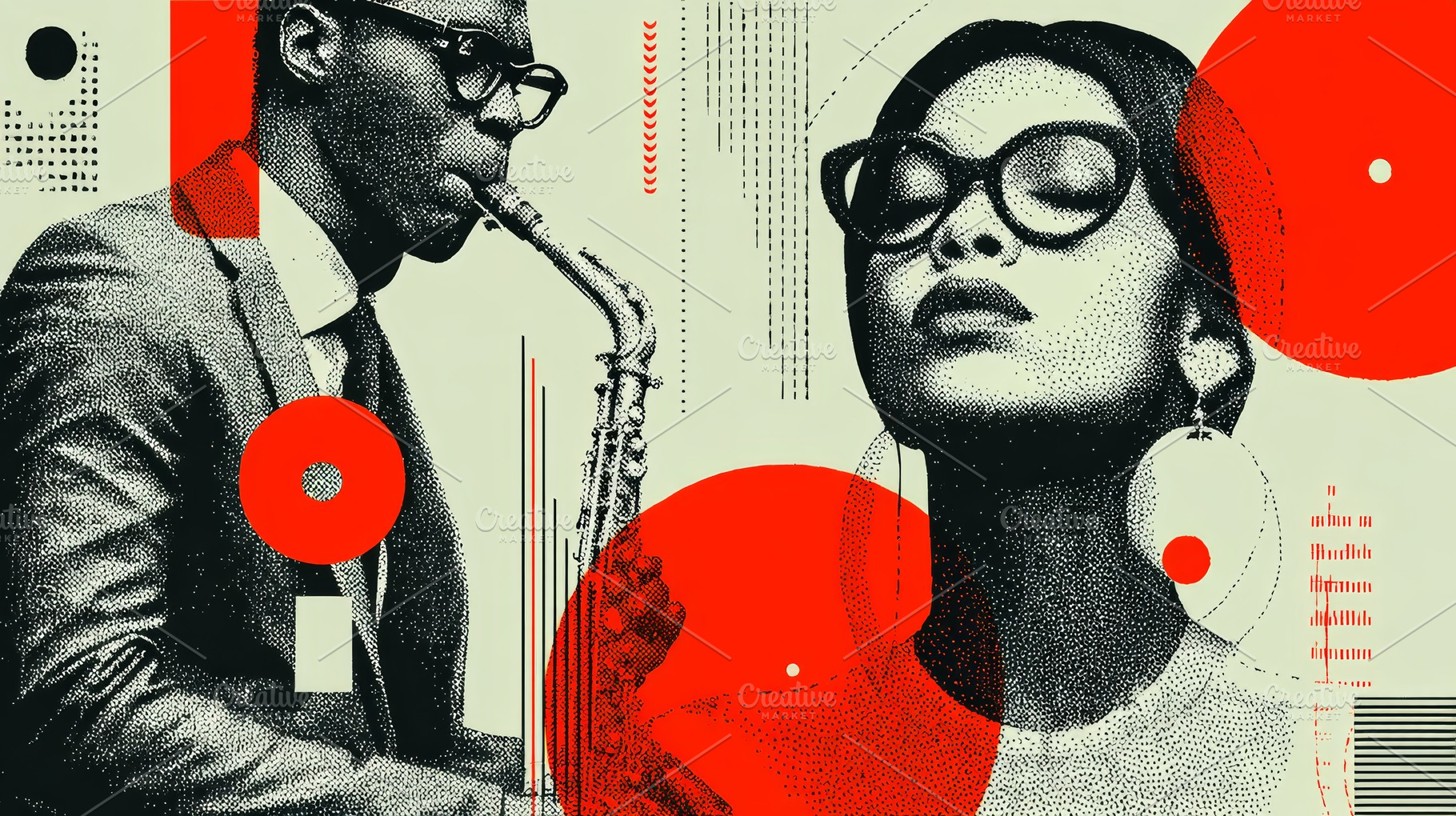 Artistic representation of a saxophonist and a woman in vibrant abstract style, a Photo by AS photostudio