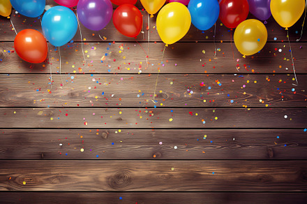 Colorful balloons on wooden background, a Holiday Photo by AlyaAnd