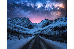 Milky Way over road, snowy mountains, a Nature Photo by den-belitsky