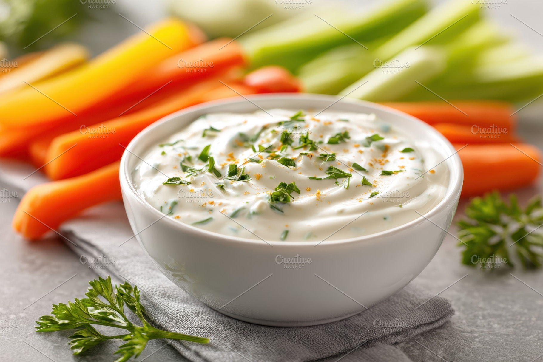 Creamy herb dip with fresh vegetables, a Food & Drink Photo by AlyaAnd