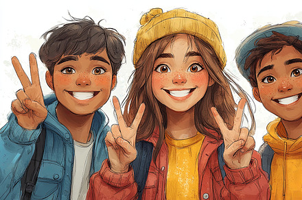 Young friends posing with peace signs in cheerful and casual attire, an Illustration by AS photostudio