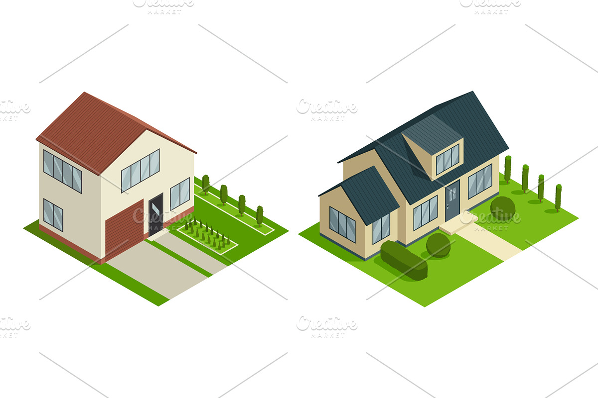 Isometric cottage icon set. Suburb, an Object Illustration by the8monkey