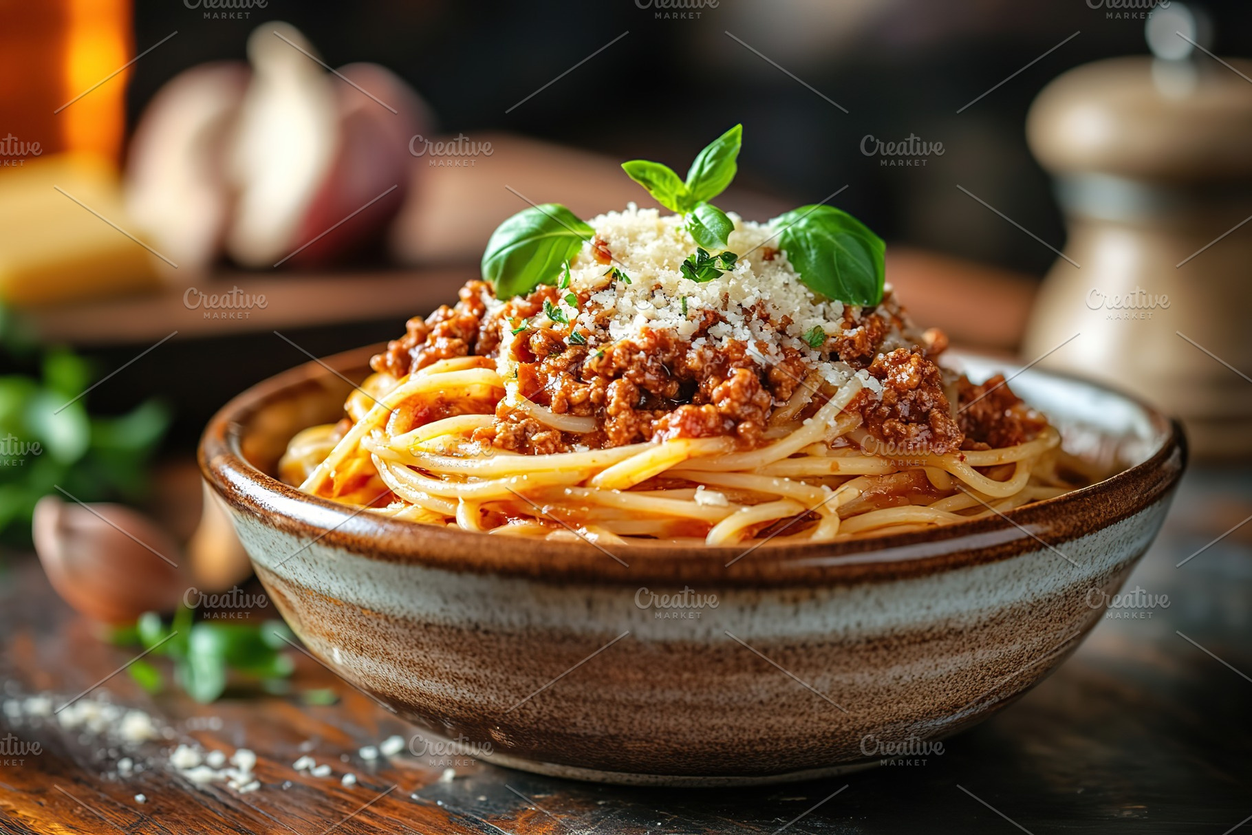 Spaghetti bolognese with ground beef in plate, a Food & Drink Photo by AlyaAnd