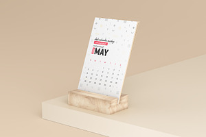 Desk Calendar With Wood Stand Mockup