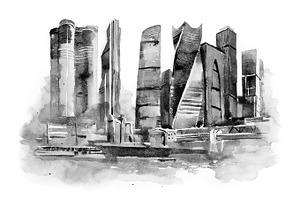 Watercolor Drawing Of Moscow City. International Business Center Aquarelle Painting