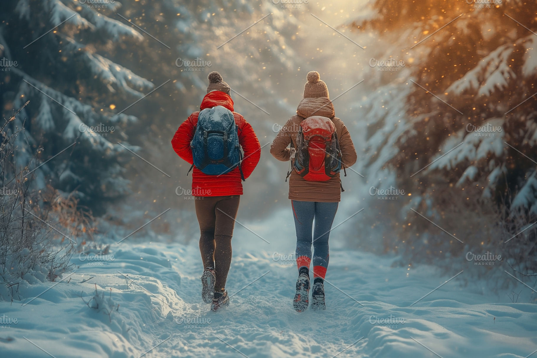 Two hikers, one male and one female, trek through a snowy forest, enveloped in, a Person Photo by ImageMir
