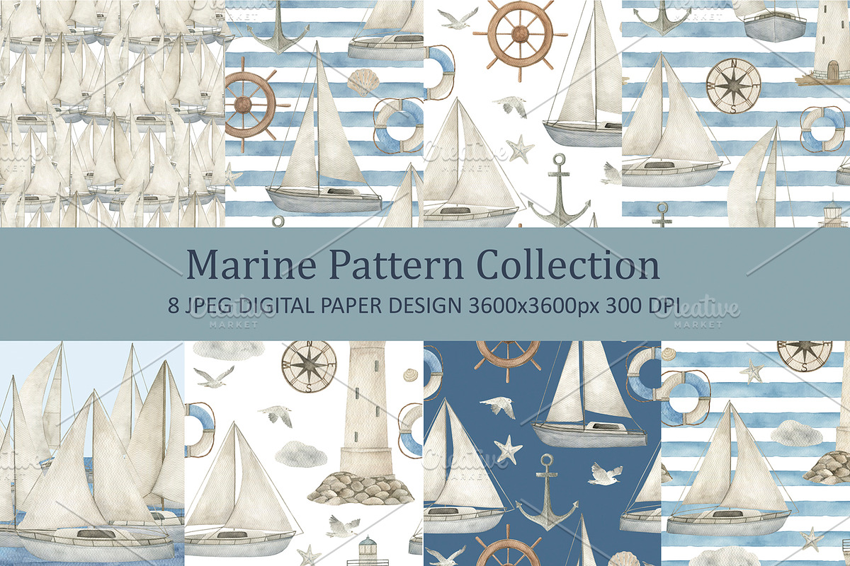 Watercolor Marine Pattern Set, a Pattern Graphic by Natikka Art (Photo 1 of 4)