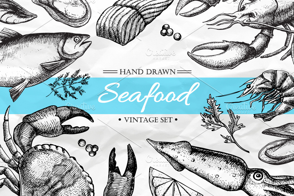 Seafood. Hand Drawn Vintage Set, a Background Graphic by Epine (Photo 1 of 5)