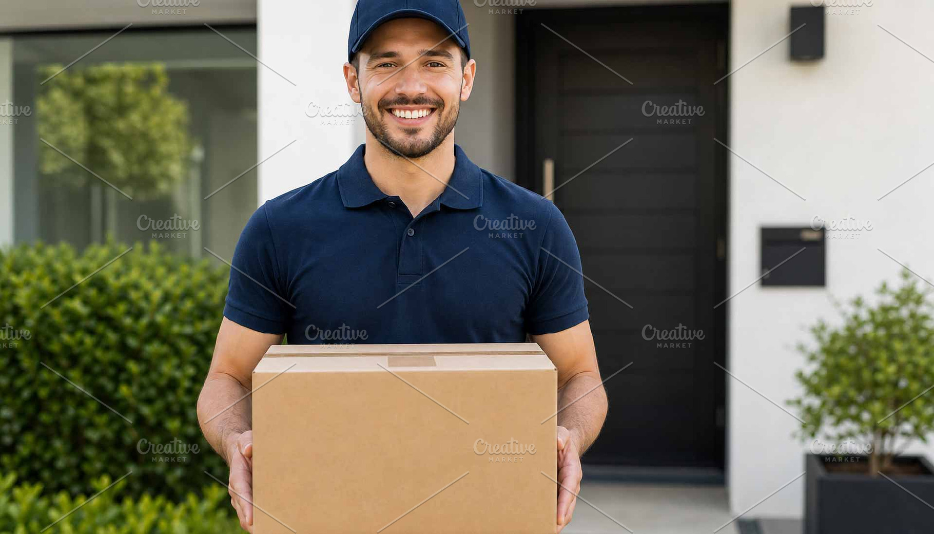 Courier carrying a cardboard box, a Person Photo by Pray Art Design Studio