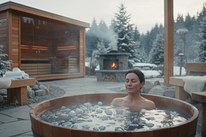Woman in steaming bath at a snowy mountain resort