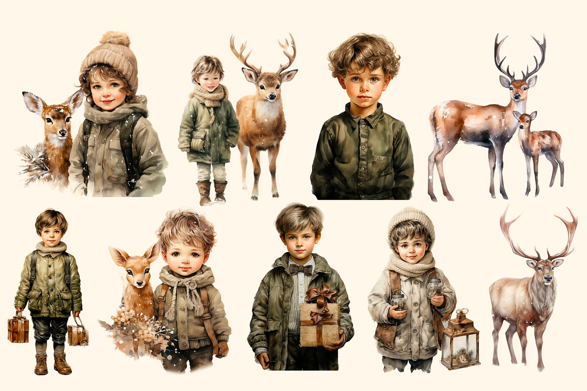 Boy with deer, Christmas watercolour, a Person Illustration by Hello My Print (Photo 2 of 9)