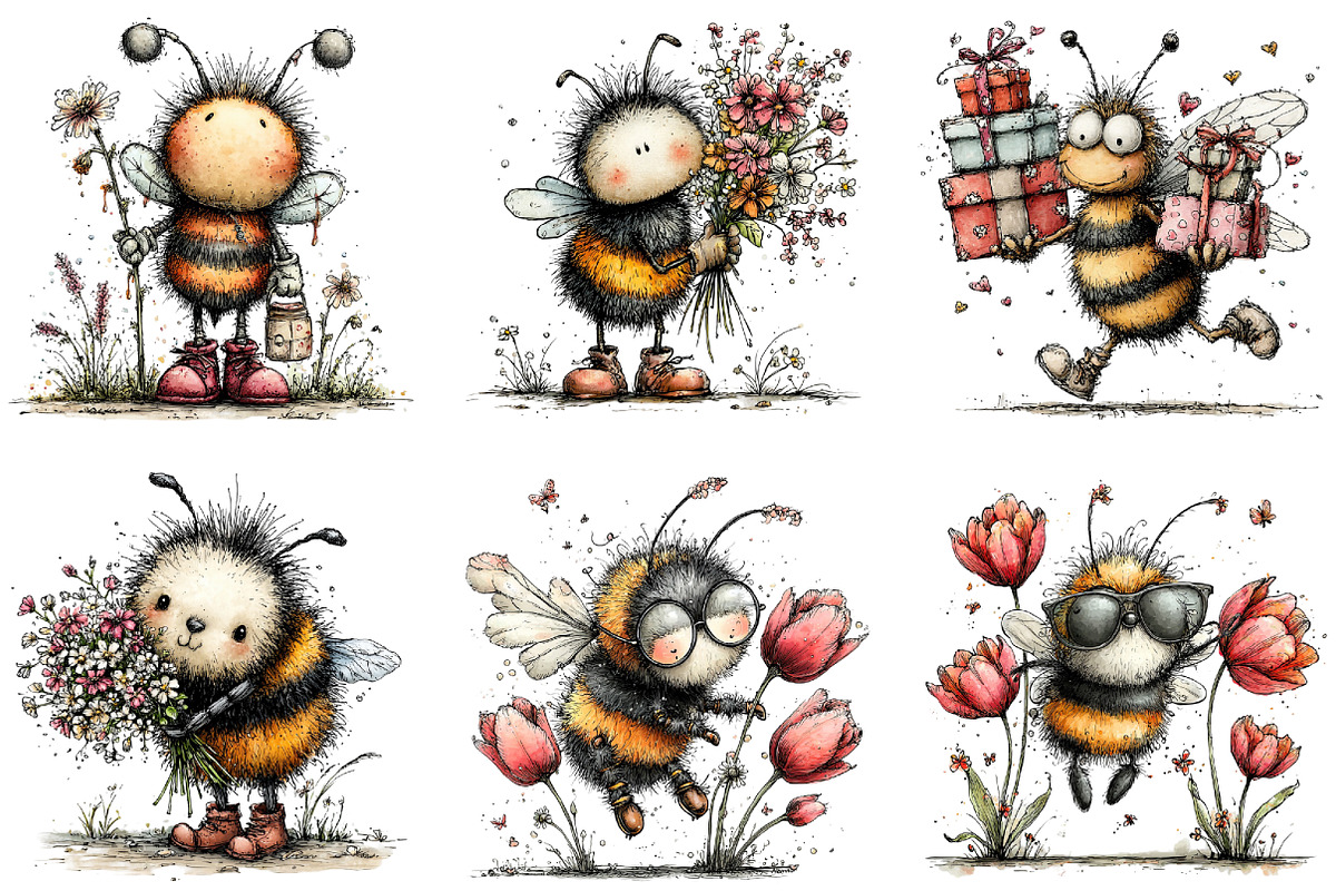 Whimsical Quirky Spring Bee Clipart, an Illustration by CraftArtStudio (Photo 5 of 6)