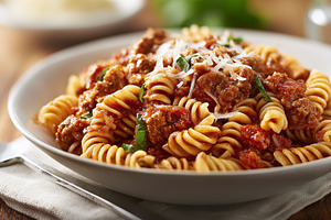 Fusilli pasta with a rich meat and, a Food & Drink Photo by MistyDay