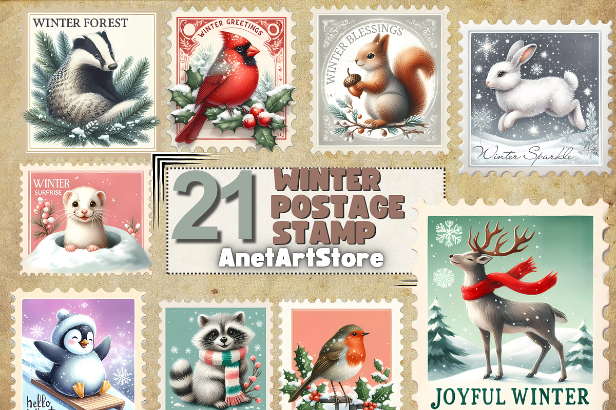 Winter postage stamps, a Seasonal Illustration by AnetArtStore (Photo 1 of 7)