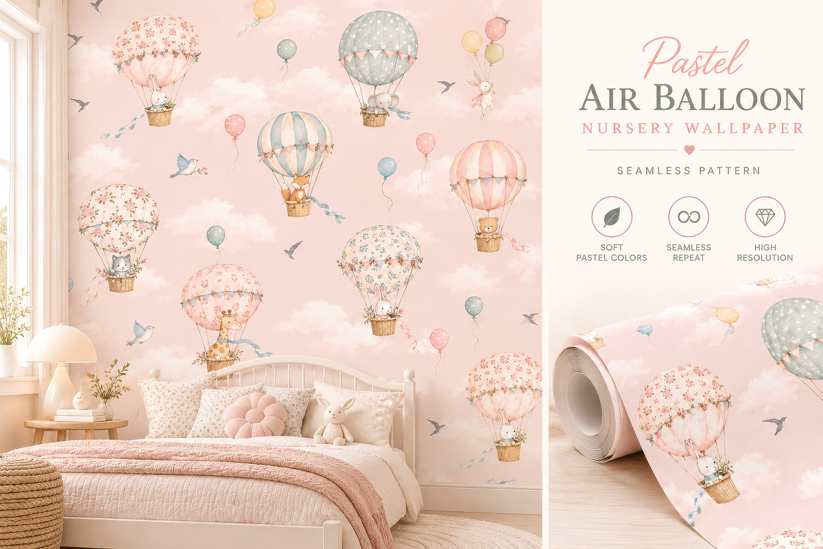 Pastel Air Balloon Nursery Wallpaper, a Wallpaper Graphic by by creative paper (Photo 2 of 14)