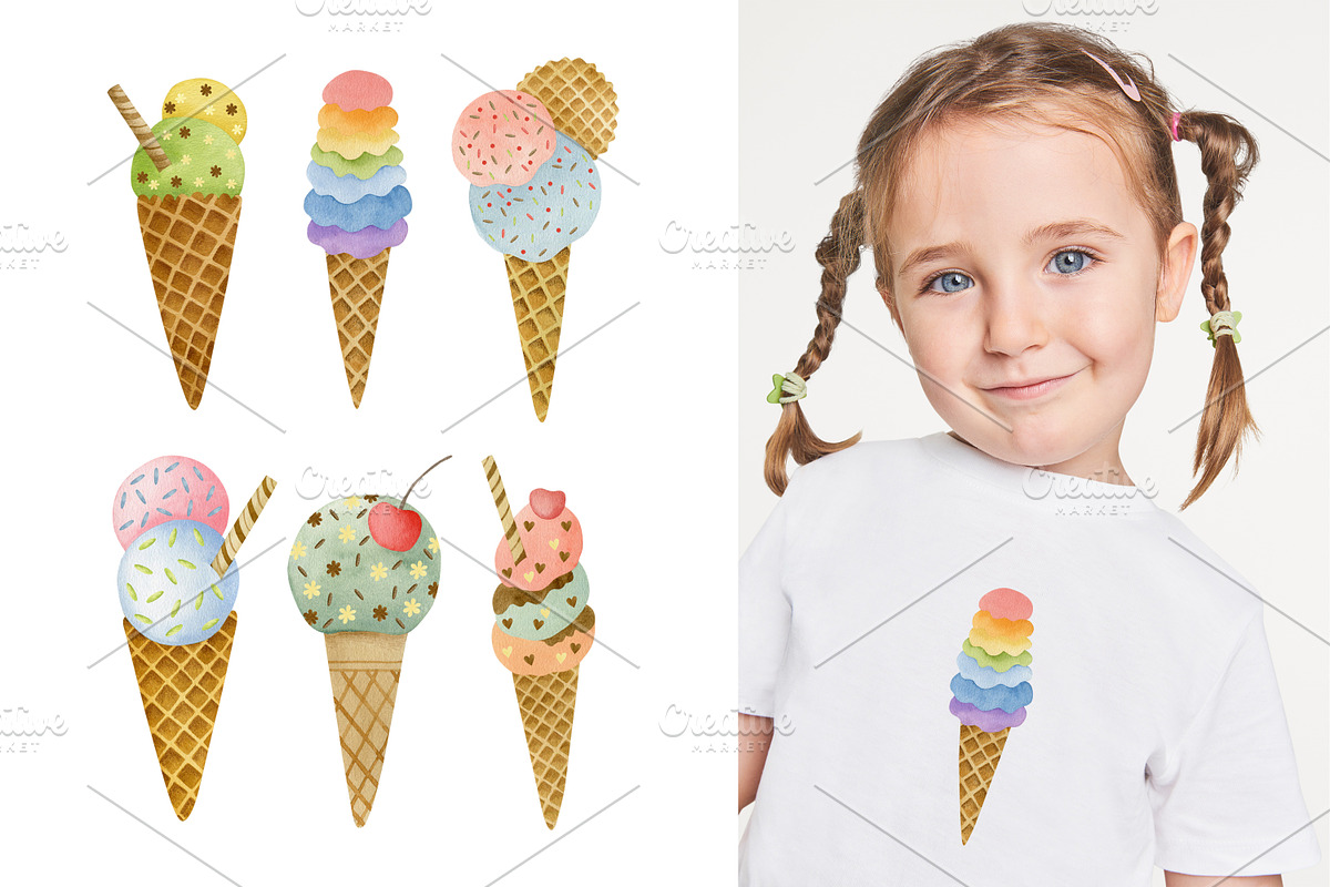 Watercolor Ice Cream Clipart., an Object Graphic by Kira Konoshenko (Photo 5 of 7)