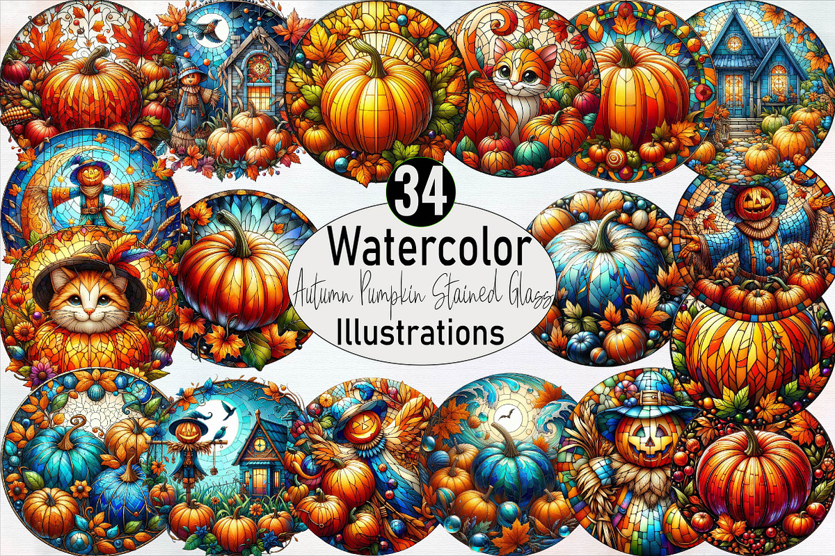 Autumn Pumpkin Stained Glass Sublim, an Illustration by SVGArt (Photo 1 of 8)