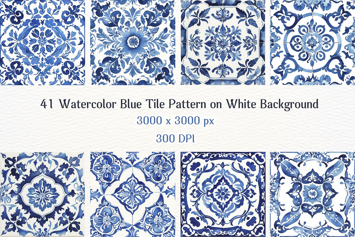 41JPG Watercolor Blue Tile Patterns, a Pattern Graphic by Vachira Digital Studio (Photo 4 of 5)