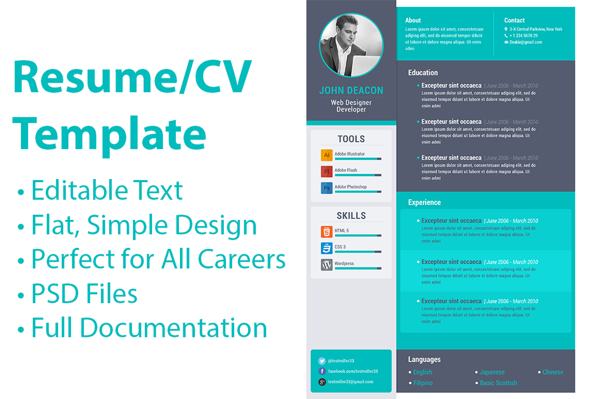 Flat Design Minimal Resume Template, a Resume Template by GoDesignerGo