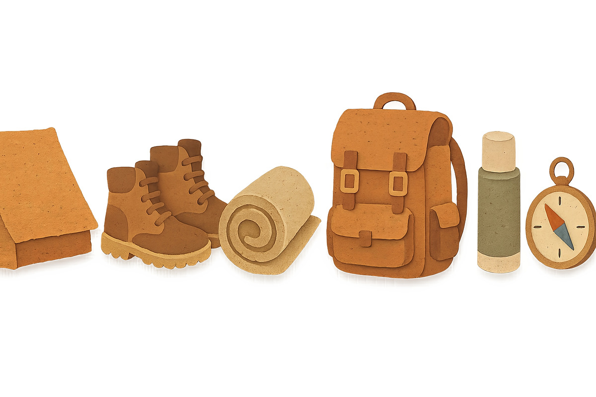 Vintage hiking gear set including ba, an Illustration by Dvoevnore photos