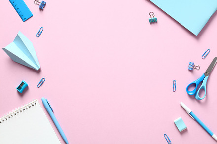 Back to school concept. Flat lay blue school supplies on pink table. Creative l, a School & Education Photo by photoguns