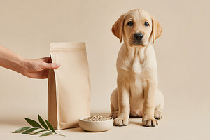 Cute well-groomed Labrador puppy sitting next to food package and bowl in brigh, an Animal Photo by AlyaAnd