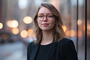 A confident young woman with glasses stands in an urban setting, wearing a blac, an Industrial Photo by Textures & Backgrounds