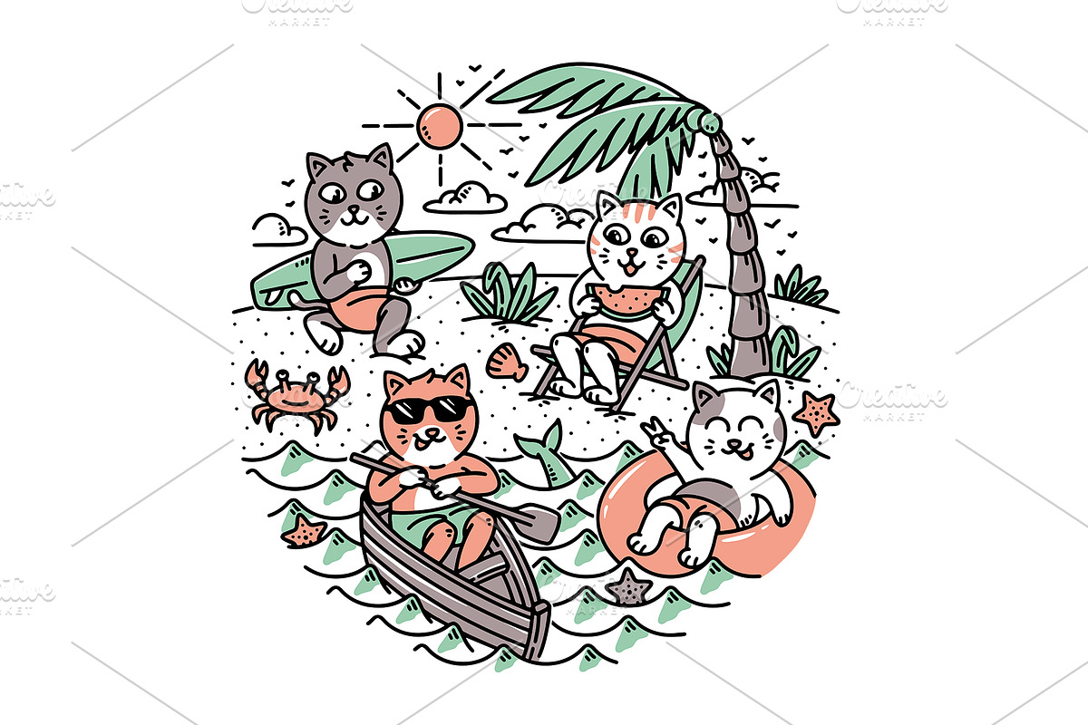cute cats on the beach 2, an Animal Illustration by gunaonedesign (Photo 1 of 4)